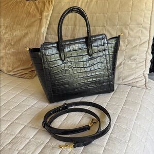 Lauren Ralph Lauren Tyler Crocodile Embossed Leather Small Purse Bag Tote Black